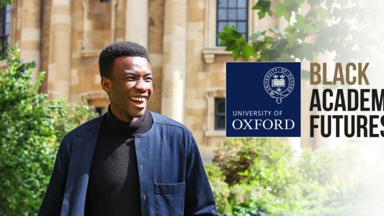 Smiling student with Oxford University Black Academic Futures logo
