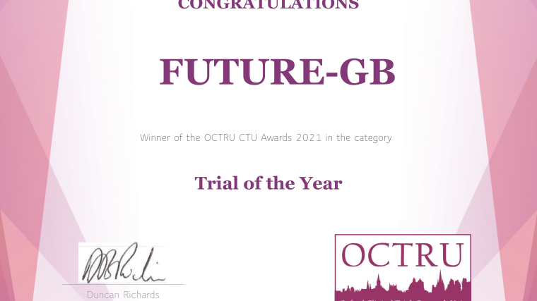 Award certificate: Congratulations FUTURE-GB, winner of the OCTRU CTU Awards 2021 in the category of Trial of the Year
