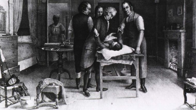 Ephraim McDowell performing the first ovariotomy (1809), 19th century lithograph.