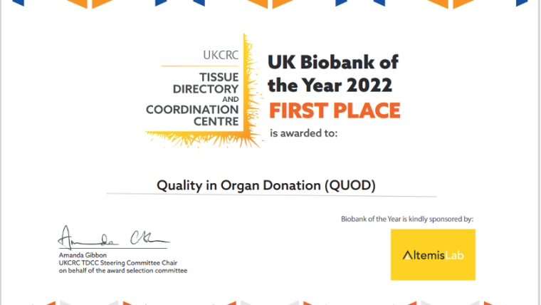 Award certificate: UK Biobank of the Year 2022 is awarded to Quality in Organ Donation (QUOD)